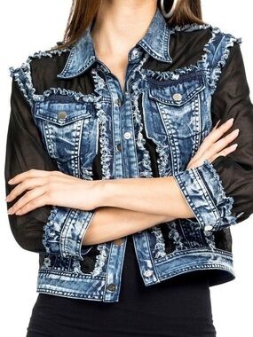 A.Z.I NY Distressed Blue Denim Jacket with Black Sheer Sleeves sz S